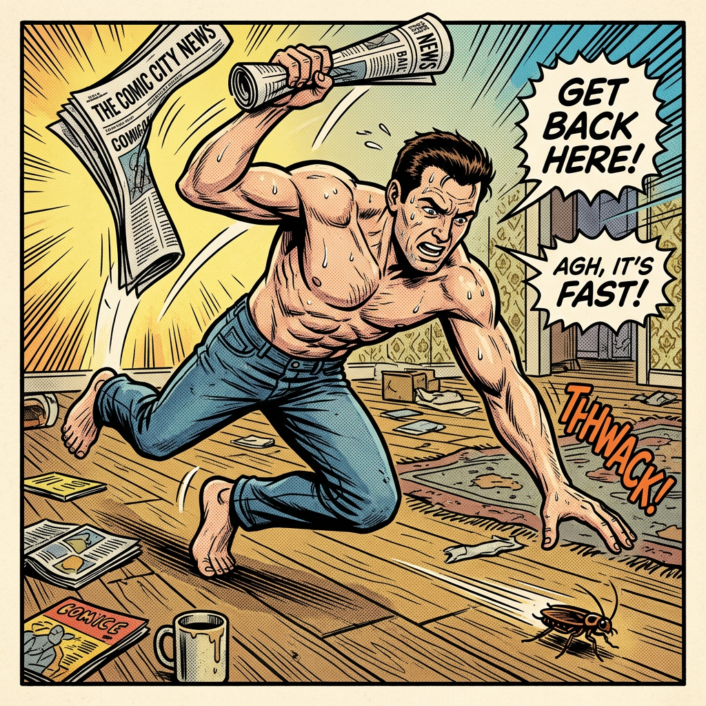 Shirtless man chasing crawling insect with newspaper